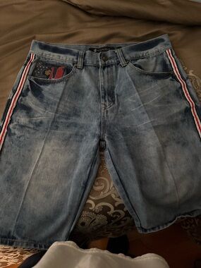 Rocawear Light Blue Denim Shorts with Red White Blue Side Stripes